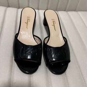 Salvatore Ferragamo Black Patent Leather Mules